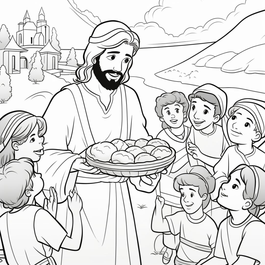 dibujo jesus compartiendo con niños